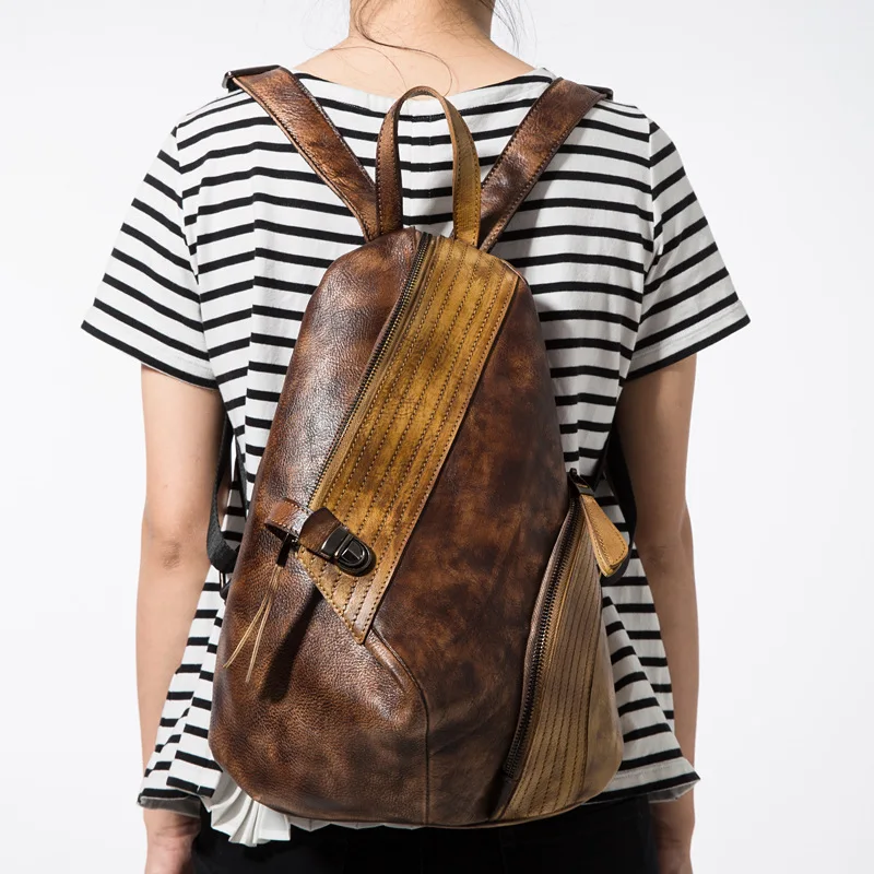 Real leather handmade retro color-etched ladies' backpack with contrasting colors, large capacity, high-end crossbody bag