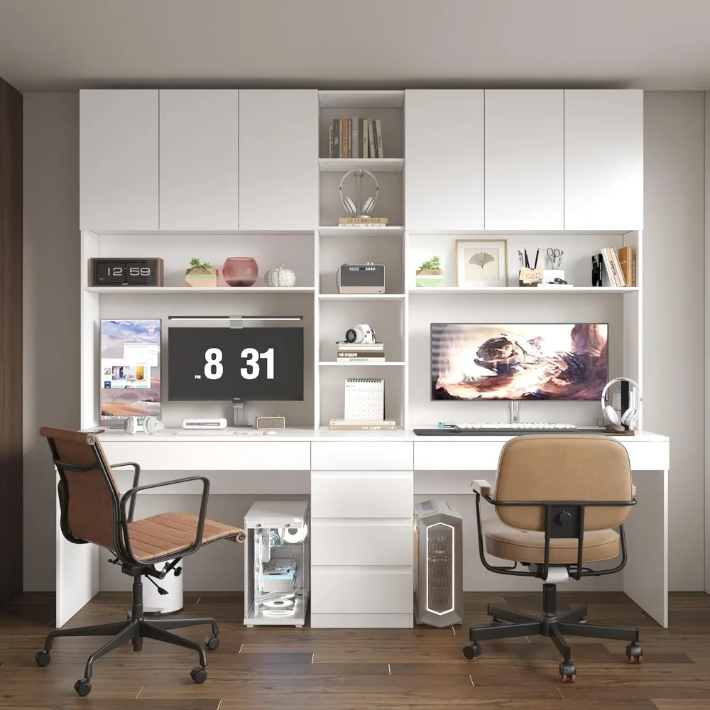 

Expansive Dual-User Computer Desk with Bookshelf, Study, Writing, and Gaming Features, Including 6 Drawers and 15 Storage Shelve
