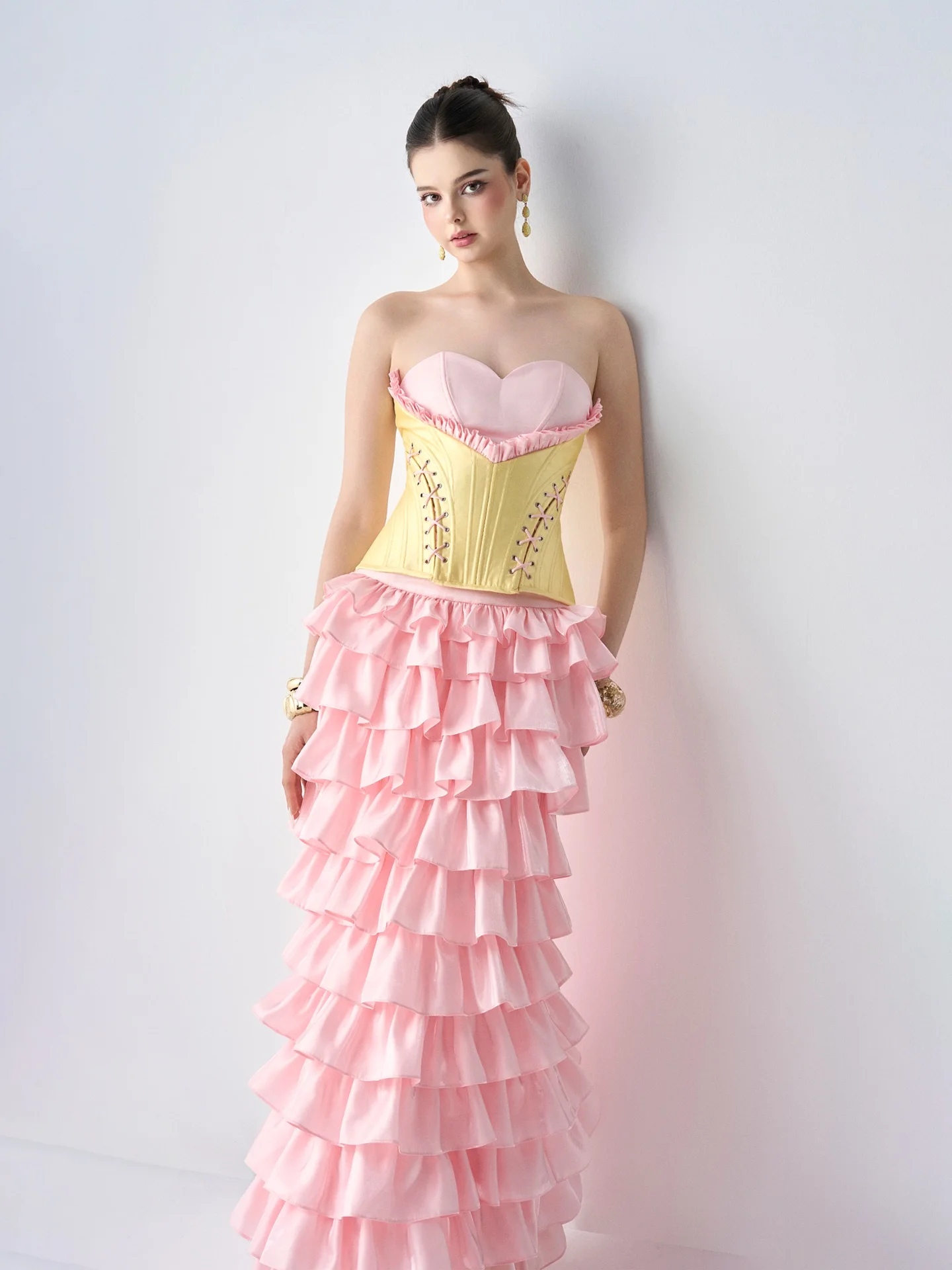 تنورة كعكة متدرجة باللون الوردي - تنانير عالية الخصر على شكل حرف A، تنانير صيفية مكشكشة ذات طبقات، ملابس سهرة أنيقة، تنورة نسائية طويلة بطيات #4