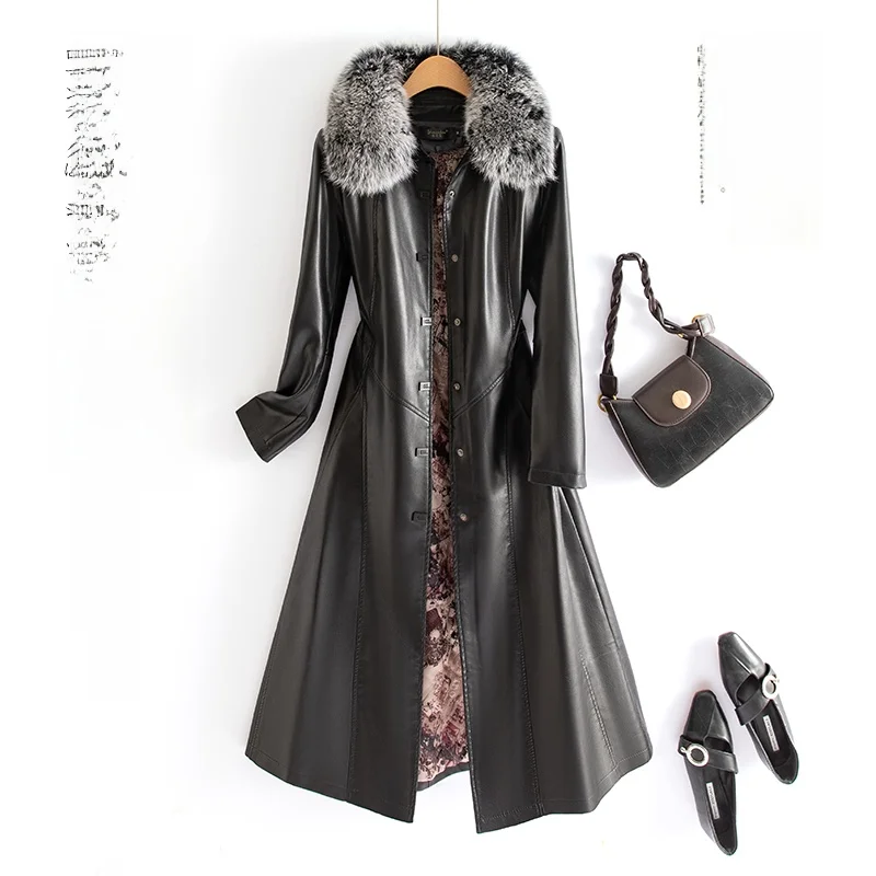 Spring Autumn New Sle Women's Slim Fit Leather Jaet  Fur Coat Long Sve Commute Sle Medium Length eepskin Coat