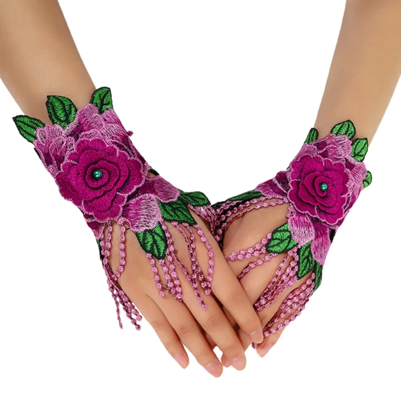 Brazalete Floral de estilo étnico, guantes de encaje hueco, bordado de flores, cubierta de muñeca Folk sin dedos con lazo de dedo