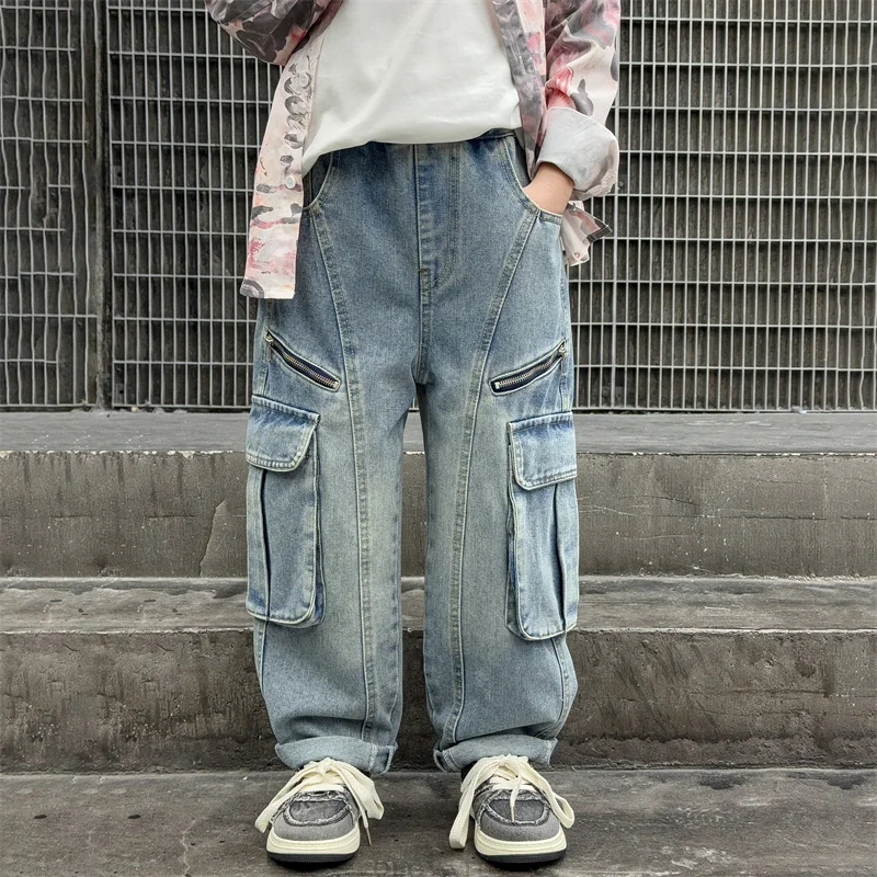 

Kids Luxury Casual Cargo Jeans with Side Zipper for Teenage Boy Baby Denim Pants Tweens Child High Quality Pocket Jeans Trousers