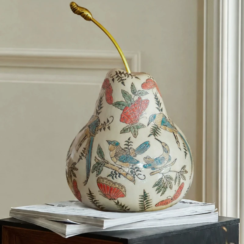 Ceramic Pear Figurine Hand Painted Bird Butterfly Pattern Desktop Ornament Craft Home Living Room Tabletop Decor Home Decor Gift