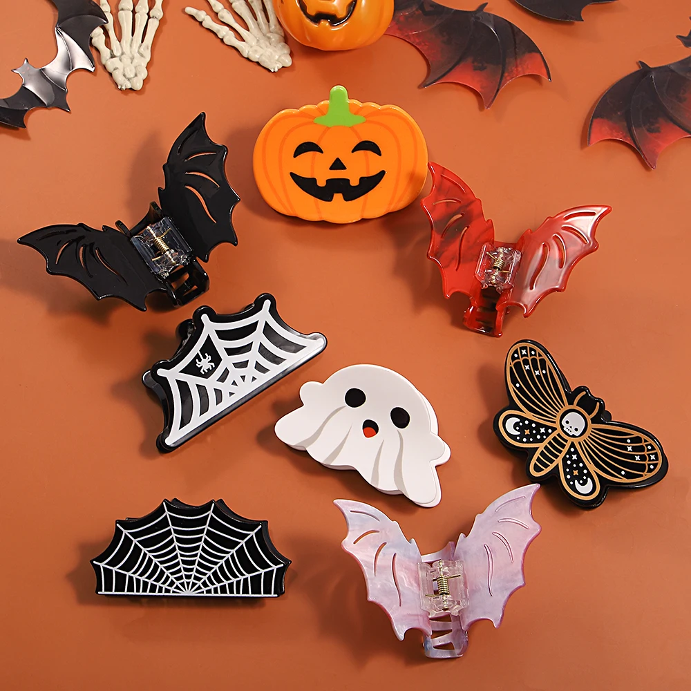 Halloween Gift Bat Ghost Spider Web Shape Crab Clamp Hair Claw Clip For Women Fashion Acrylic Plastic Hairpin Hair Accessories