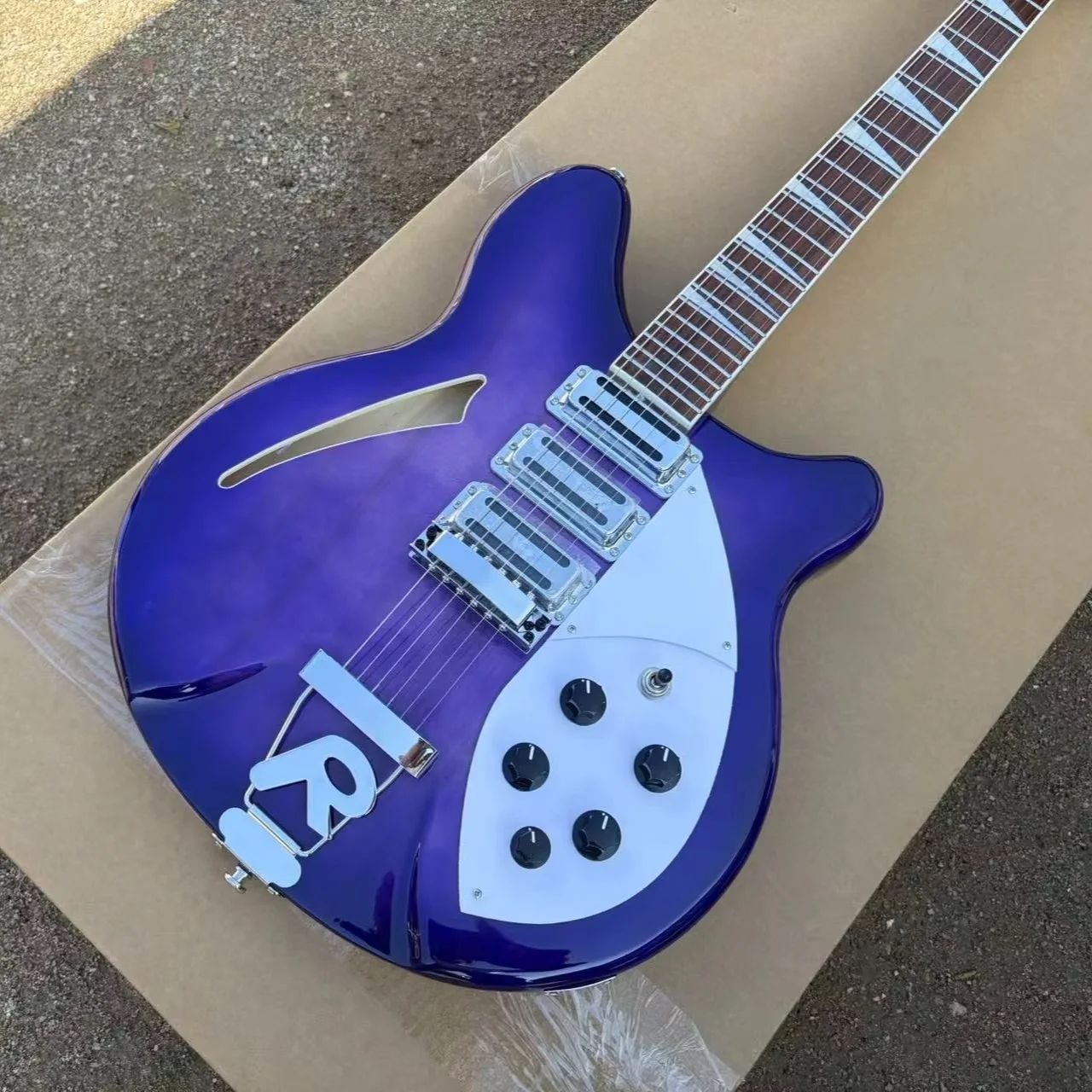 Purple Electric Guitar Semi Hollow Body 24F Stainless Steel Frets White Pickguard R Shaped Tailpiece 6 String Guitarra