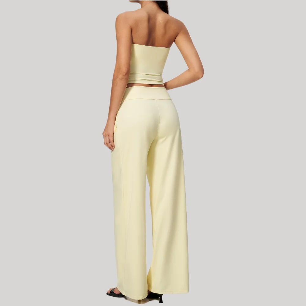 Women Yoga Set 2 Piece Outfit Matching Gym Clothes Workout Running Fitness Strapless Tube Top High Waist Wide Leg Pants Backless