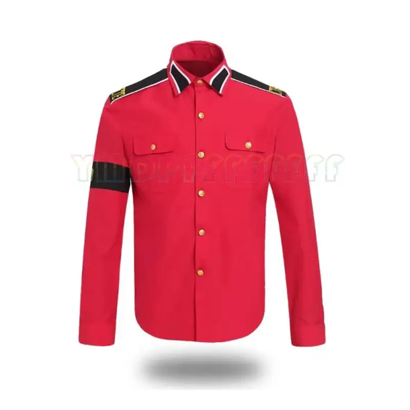 POP Michael Jackson anti war military shirt men's retro button up shirt in red white and black iconic pop star role-playing c view 2