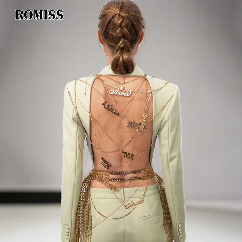 ROMISS Solid Sexy Patchwork Chain Blazer For Women Notched Collar Long Sleeve Backless Spliced Button Loose Blazers Female