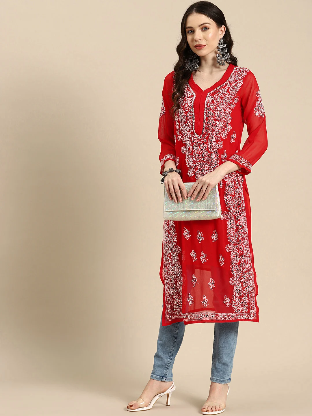 Dames Indian Mid Length Pure Hand Geborduurde Top Rood