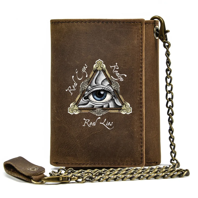 

Luxury Men Genuine Leather Wallet With Iron Chain Masonic Triangular Eye Printing Card Holder Anti Theft Short Purse BT3493