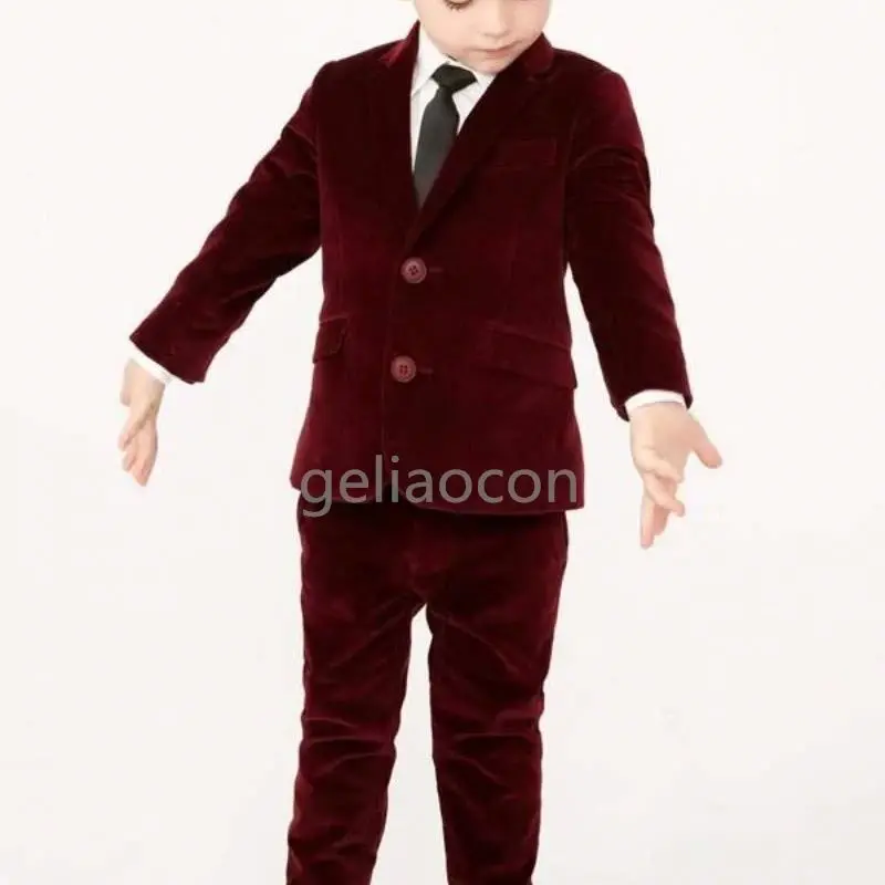 Boys Suit Wedding Burgundy Velvet Jacket Pants 2pcs Party Dress Fashion Casual Child Notch Blazer for Kids Custom Complete Set