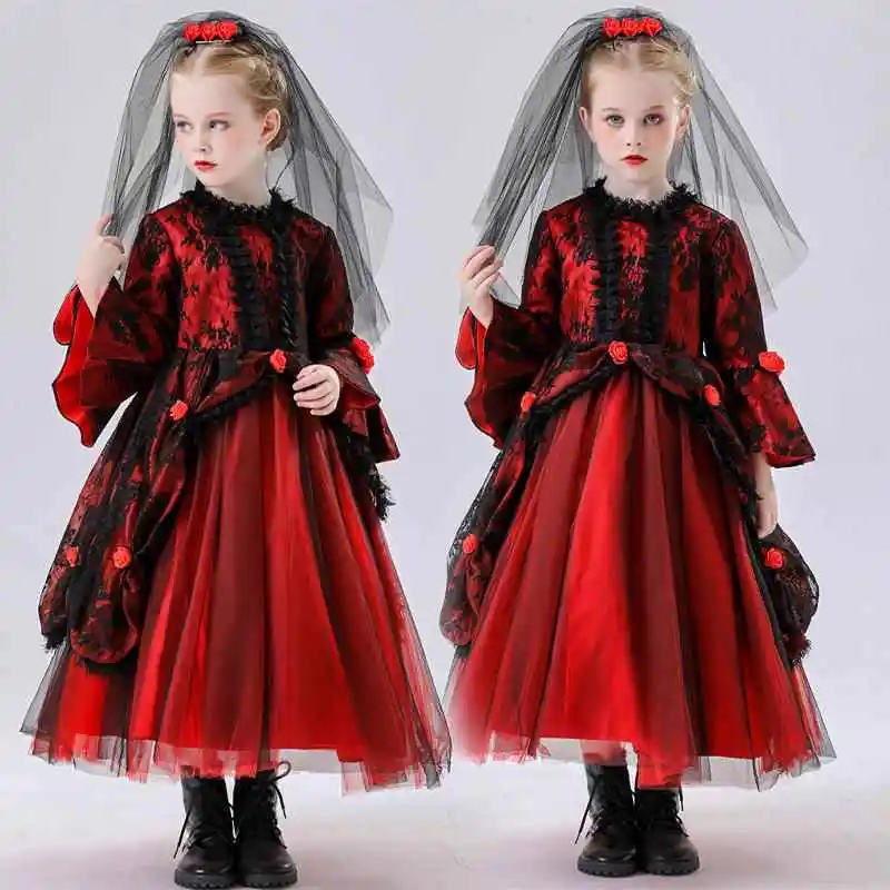 어린이용 할로윈 의상 소녀 마녀 빨간 유령 신부 공주 스커트 코스프레 공연 소녀 의류