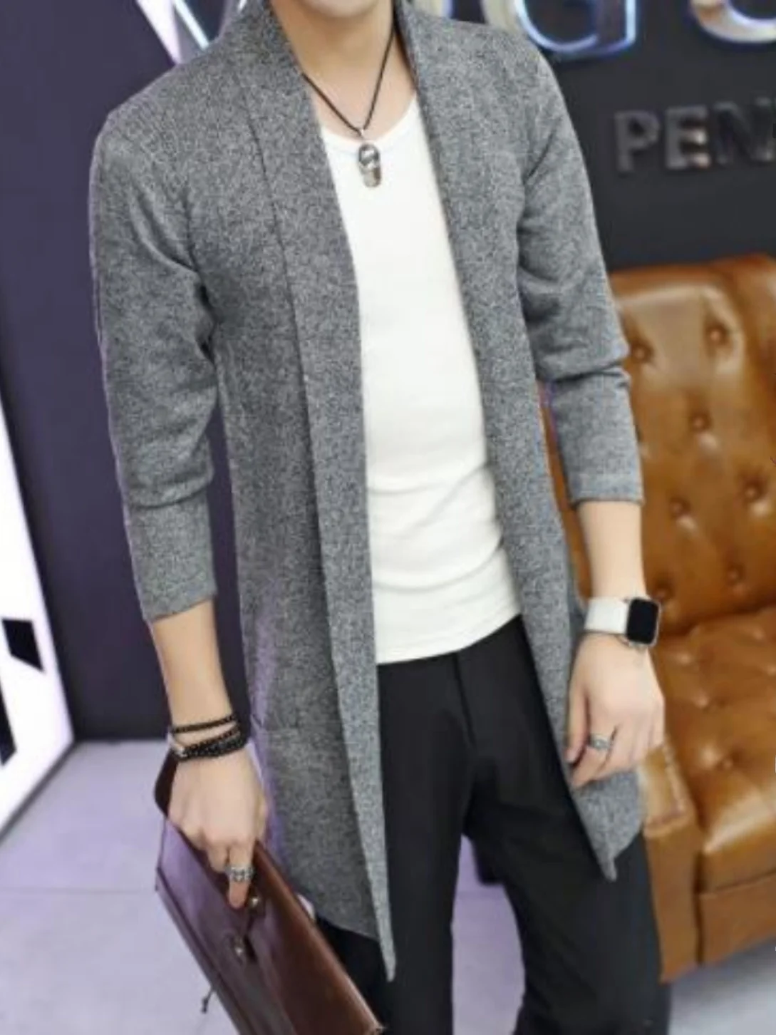 

Мужской длинный вязаный кардиган с отложным воротником, однотонный, молодежный, осенний, ветрозащитный, на молнии