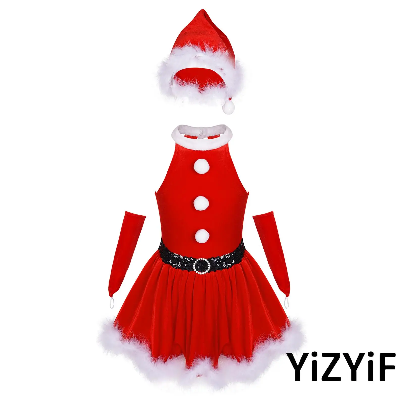 

Girls Christmas Santa Claus Dress Up Costumes Velvet Feather Trim A-line Dress+Santa Hat+Gloves Suit for Xmas New Year Cosplay