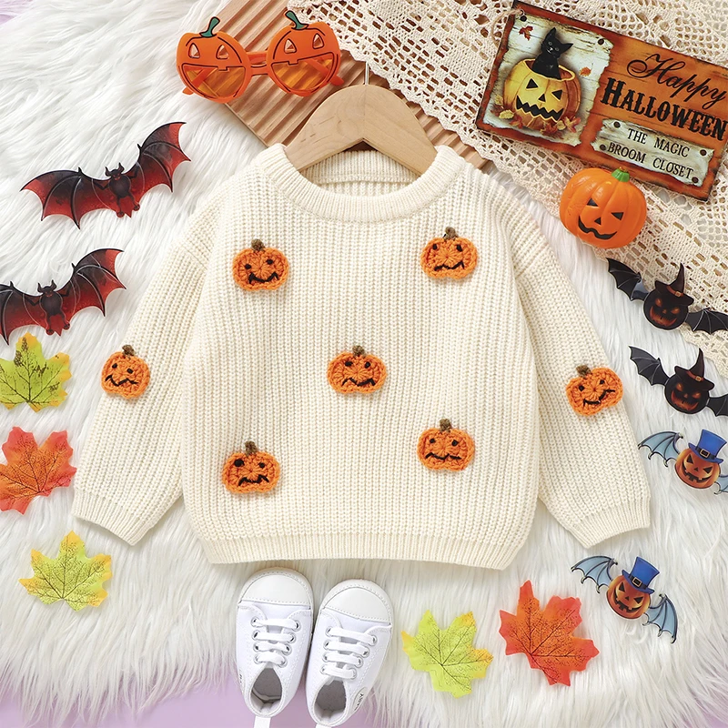 Baby Sweater Long Sleeve Crew Neck Pumpkin Warm Winter Pullover Sweater Halloween Clothes for Girls Boys