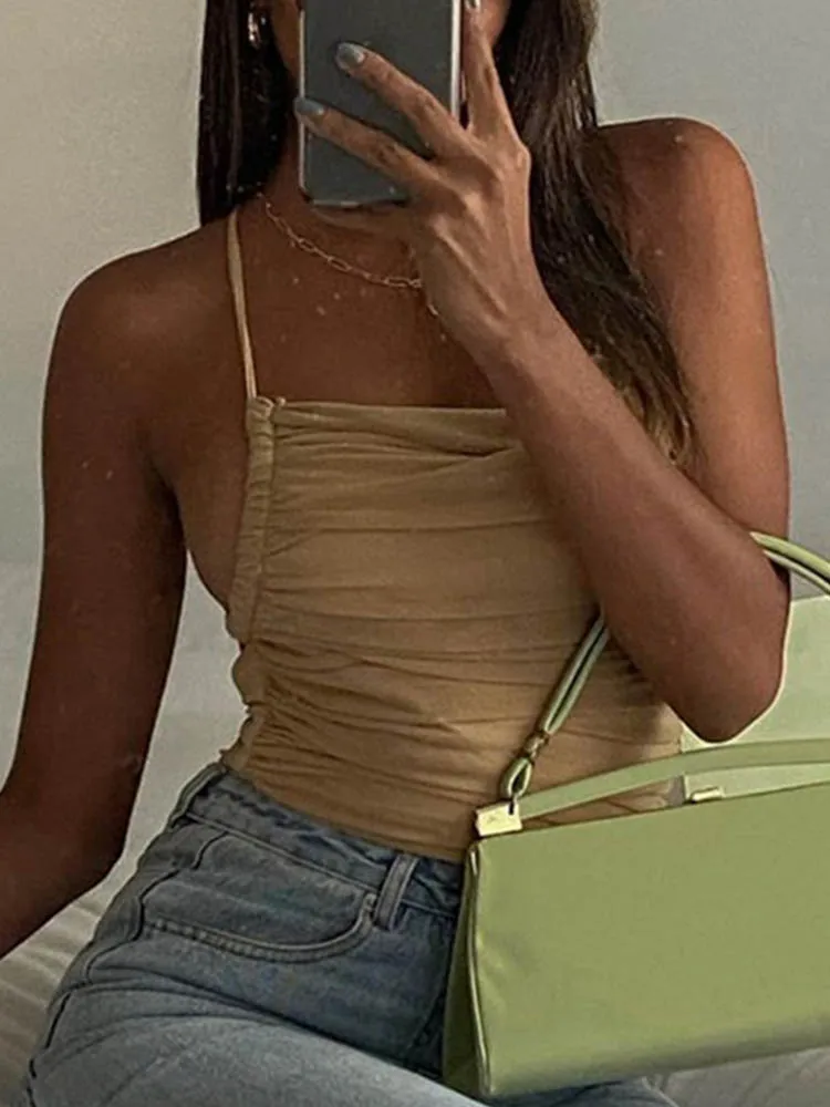 2025 Summer Sleeveless Chic Fashion Mesh Ruched Halter Bodysuit Women Female Tie Up Backless Body Suit Feminino Top Streetwear