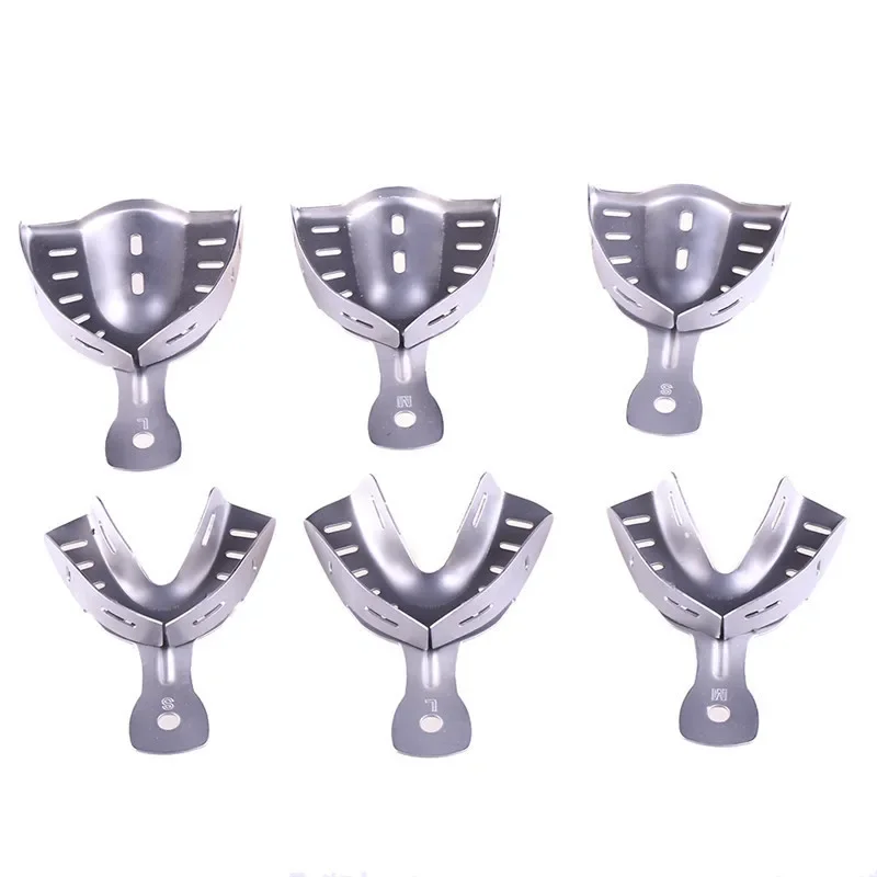 6 unids/set bandejas de impresión Dental ajustable de acero inoxidable incisor comprimible bandejas de Metal herramienta Dental instrumentos dentales orales