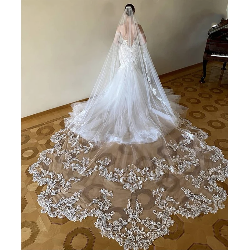 

1T Appliques Lace Wedding Veil One Layer Cathedral Bridal Veils with Comb Wedding Accessories Customized