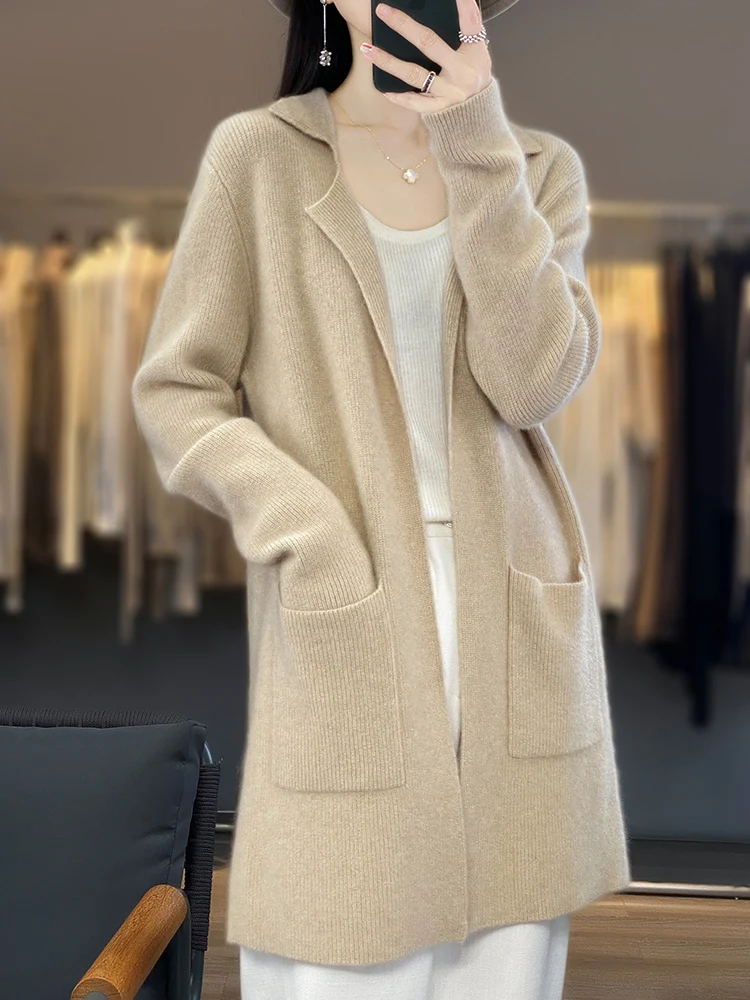 

New Autumn Winter Women Cashmere Long Sweater Thick Turn-Down Collar Cardigan 100% Merino Wool Knitwear Female Grace Soft Coat