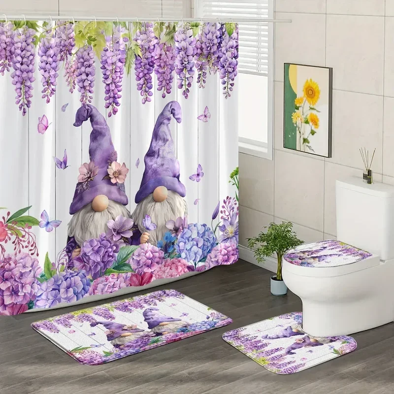 4PCs purple trailing vine floral shower curtain rug set lavender butterfly hanging curtain bath mats toilet mats bathroom decor