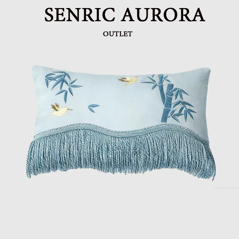Oriental Aesthetics Blue Bamboo Bird Embroidered Cushion Cover Luxury Accent Chair Sofa Lumbar Pillow Case 30x50cm