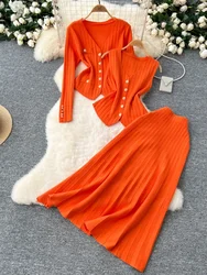 Women Knitted Three Piece Sets Autumn Winter Sleeveless Vest Metal Buckle Long Sleeve Cardigan High Waist Long Skirt Suits