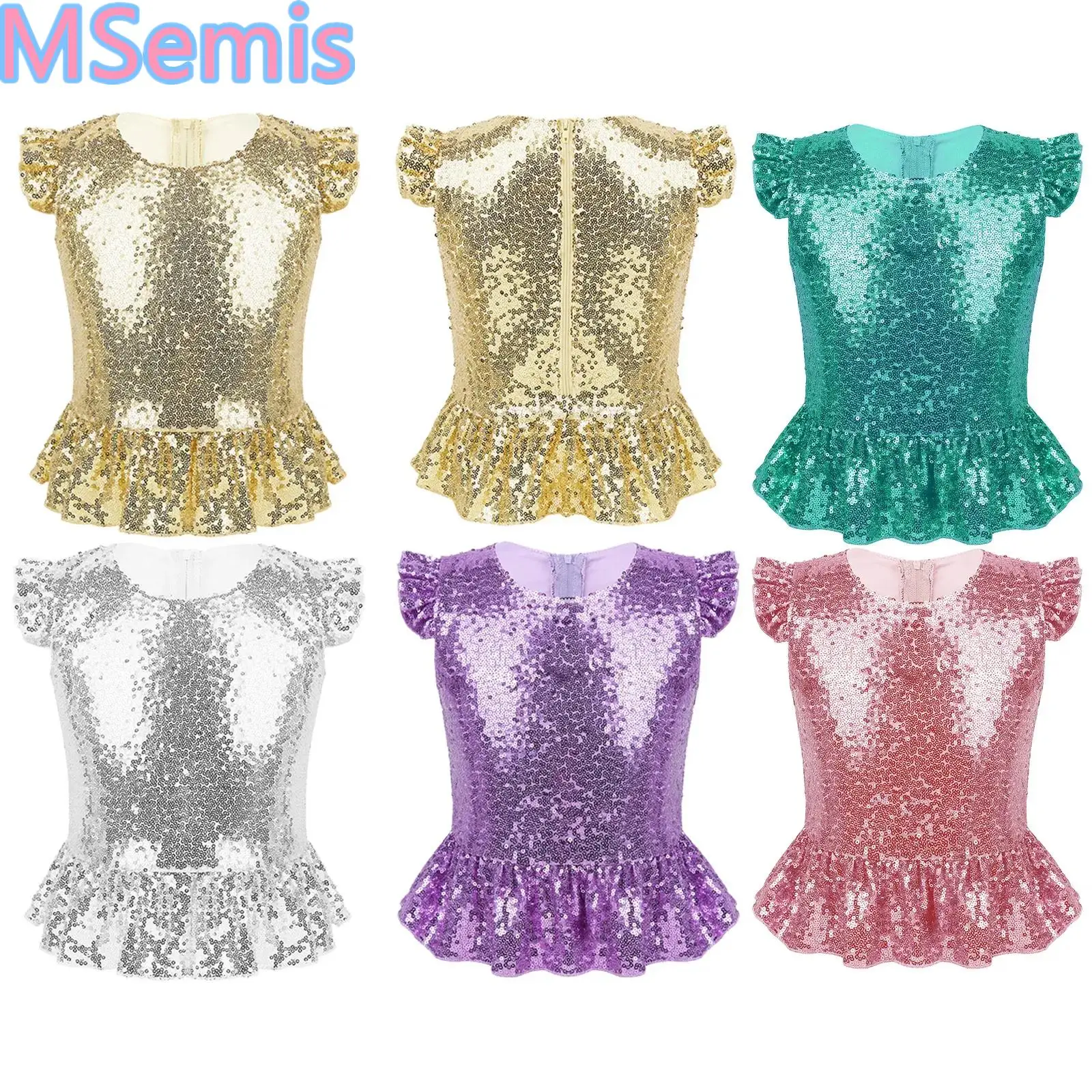 

Детские Блестки для девочек, блестящие короткие рукава-фонарики, верх на молнии сзади с подкладкой для Хэллоуина, карнавала