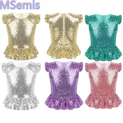 Kids Girls Sequins Mermaid T-Shirts Sparkly Short Flutter Sleeves Full Lined Back Zipper Top for Halloween Carnival Theme Party