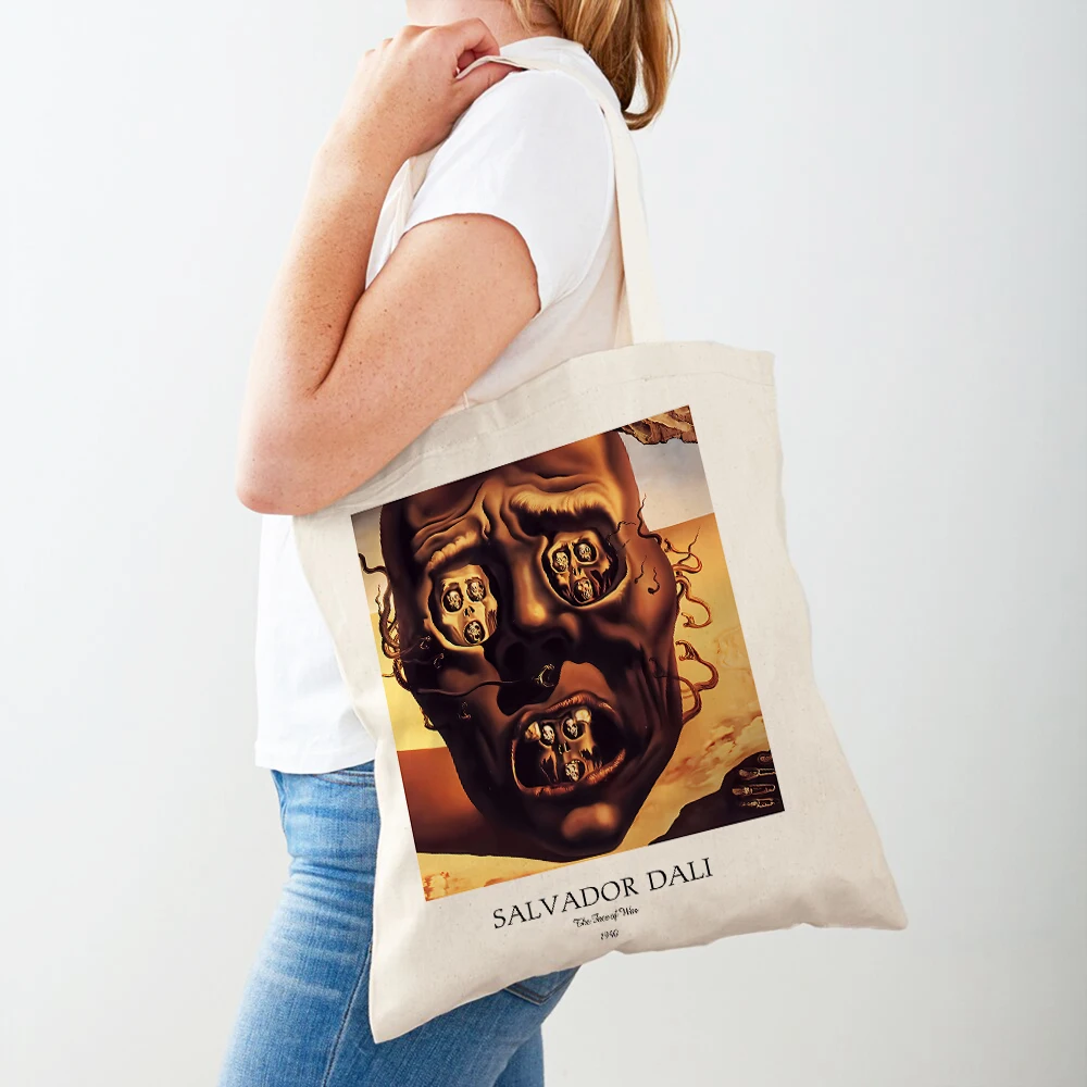 Reusable Casual Canvas Women Shopping Bags Double Print Salvador Dali Surrealism Cubism Exhibition Shopper Bag Tote Lady Handbag