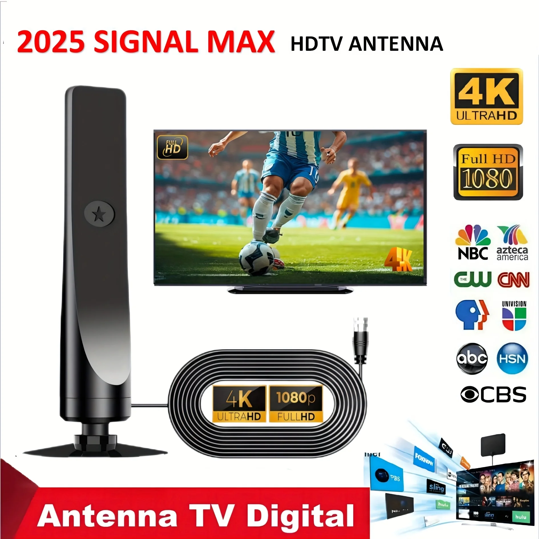 

380 Mile TV HD Signal Antenna for Permanent Free Viewing, Digital Indoor/Outdoor TV Antenna Supports HD 4K1080 with Adapter