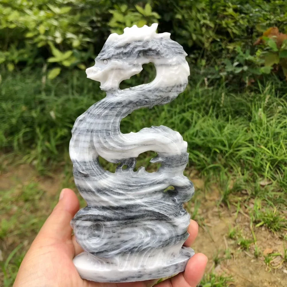 15cm Natural Zebra Jasper Chinese Dragon Carving Statue S Shape Hollow Feng Shui Power Crystal Home Decor Ornament Wholesale