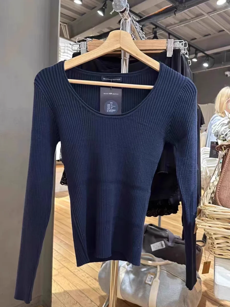 Navy Vintage Knitted Sweaters Women Autumn Sweet Round Neck Long Sleeve Slim Jumper Y2k Tops Ladies Harajuku Cute Pull Sweater