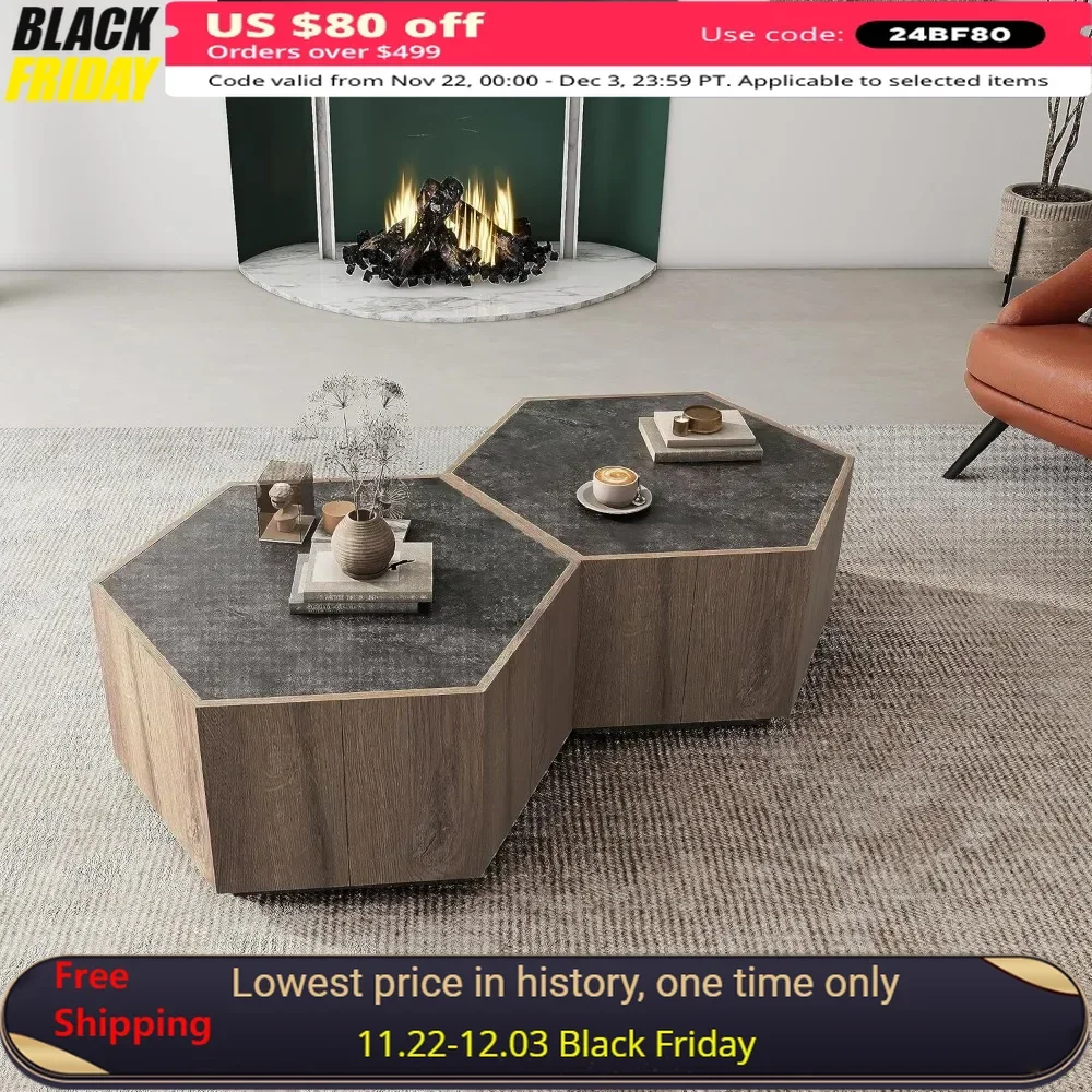 Coffee Table with 4 Drawers Nesting Storage Industrial Style Living Room, Set of 2 Coffee Table