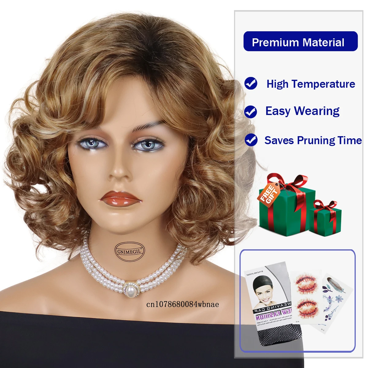 Ombre Blonde Curly Synthetic Hair Fluffy Bouncy Short Dark Root Wig with Bangs Heat Resistant Daily Party Cosplay Costume Wigs