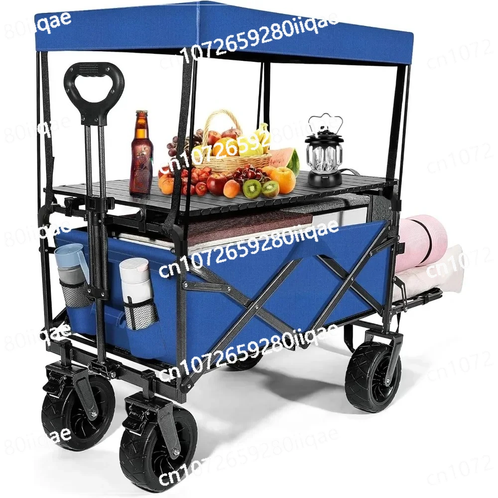 

Beach Wagon Cart Foldable Travel Cart for Outdoor Camping with Canopy,Tabletop, Side Pockets, and Cup Holder Can Hold up