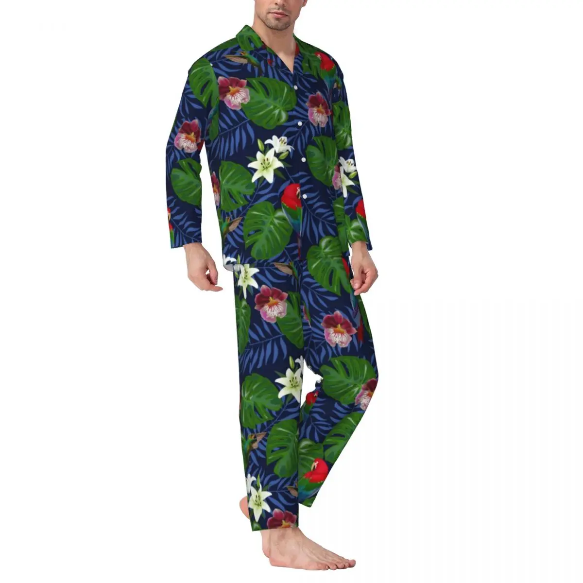 

Tropical Palm Pajamas Set Red Macaws Cute Soft Sleepwear Unisex Long-Sleeve Aesthetic Daily 2 Pieces Home Suit Large Size