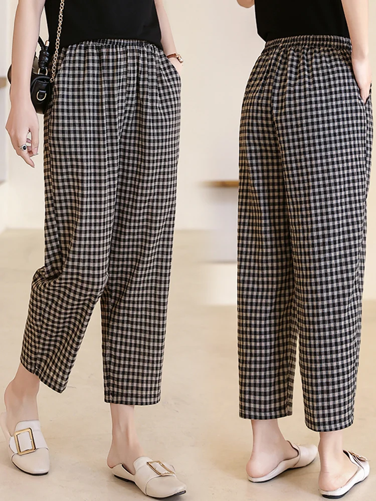 

Summer Cotton Linen Women's Pants Loose Fit High Waist Nine Points Thin Checkered Casual Trousers for Middle-Aged And Elderly