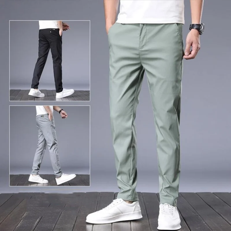 

Spring Autumn Casual Pants Men Thick Stretch Slim Fit Elastic Waist Cotton Business Classic Korean Trousers Male Khaki Gray 38