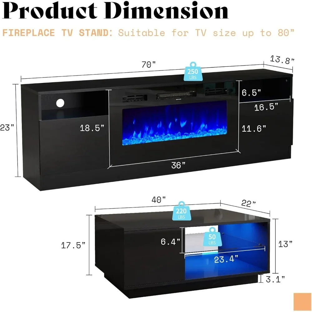 2-Piece Modern Living Room Table Sets, includes 70" Highgloss Fireplace TV Stand, Coffee Table with Glass Shelves,with LED,Black