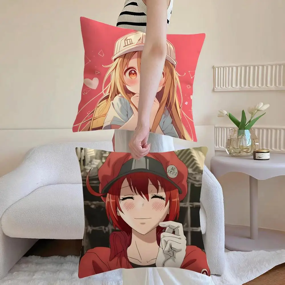 Anime C-Cells at Work! Cushion Cover Breathable Linen Pillowcase Summer Odorless Eco-Friendly Invisible Zipper Washable