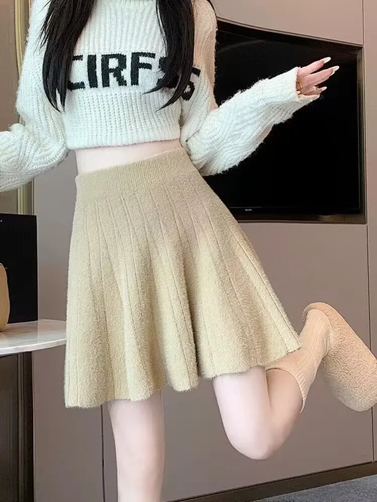 Falda corta de punto plisada para mujer, moda coreana, Retro, liso, ajustado, para Festival, Sexy, para discoteca, alta, envolvente, a la cadera, informal