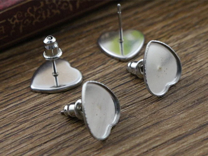 (Never Fade) 20pcs 10mm Heart Stainless Steel Earring Base Studs Ear Cameo Settings Cabochon Base Tray Blank (With Back)-T5-44