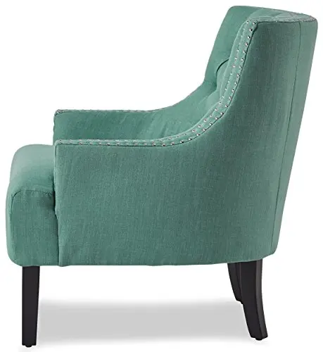 

Teal Chenille Armchair With Sloped Arms, Button-Tufted Back, Nailhead Detailing, And Solid Wood Legs For Living Room Or Office