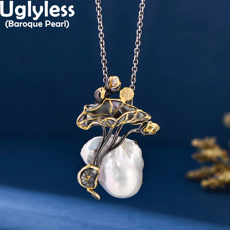 

Uglyless Romantic Oriental Beauty Lotus Flower Lotus Leaf Pendants Necklaces for Women Natural Baroque Pearls Jewelry 925 Silver