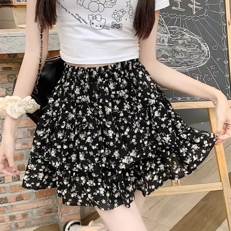 2025 Korean Style Floral Short Skirts Women Elastic Waist Loose A-line Fashion Office Lady Chiffon Skirt Female
