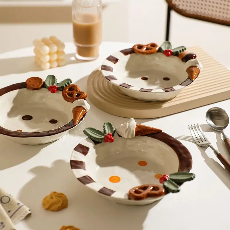 High Appearance Horizontal Ceramic Relief Dessert Plate Gift Fruit Pasta Salad Plate Cooking Gadget Dinner Set Plates and Dishes