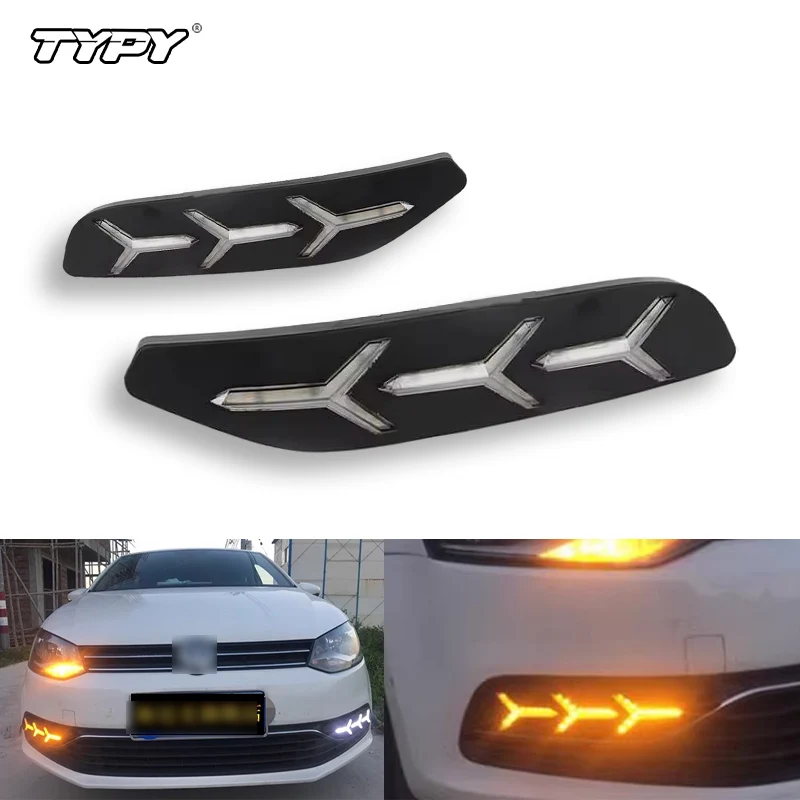 

TYPY 12V LED Daytime Running Light For 14-18 Volkswagen Polo LED Daytime Running Light Yellow Turn Signal Car Headlight DRL Fog