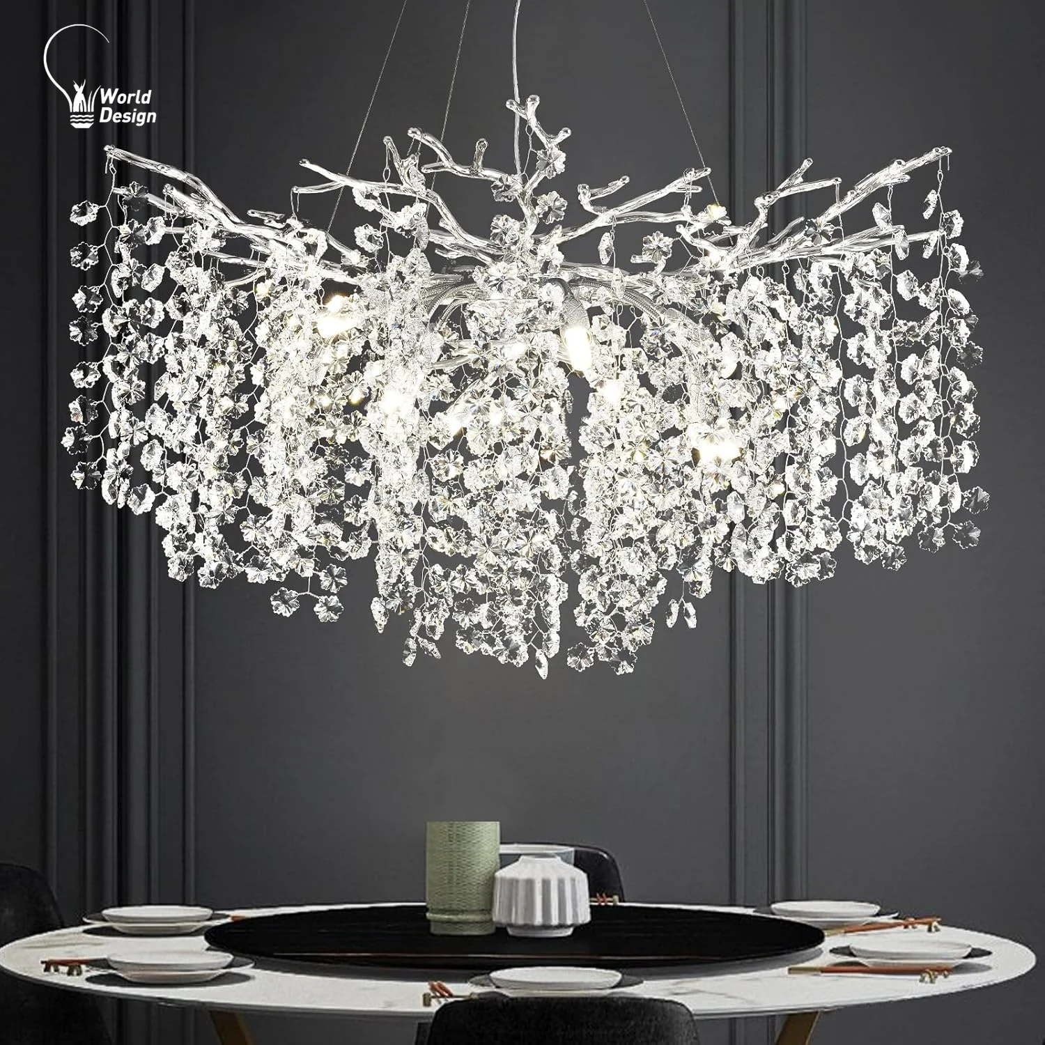 

Silver Tree Branch Crystal Chandeliers for Dining Table High Ceiling Chandeliers Large Modern Round Hanging Lights Fixture