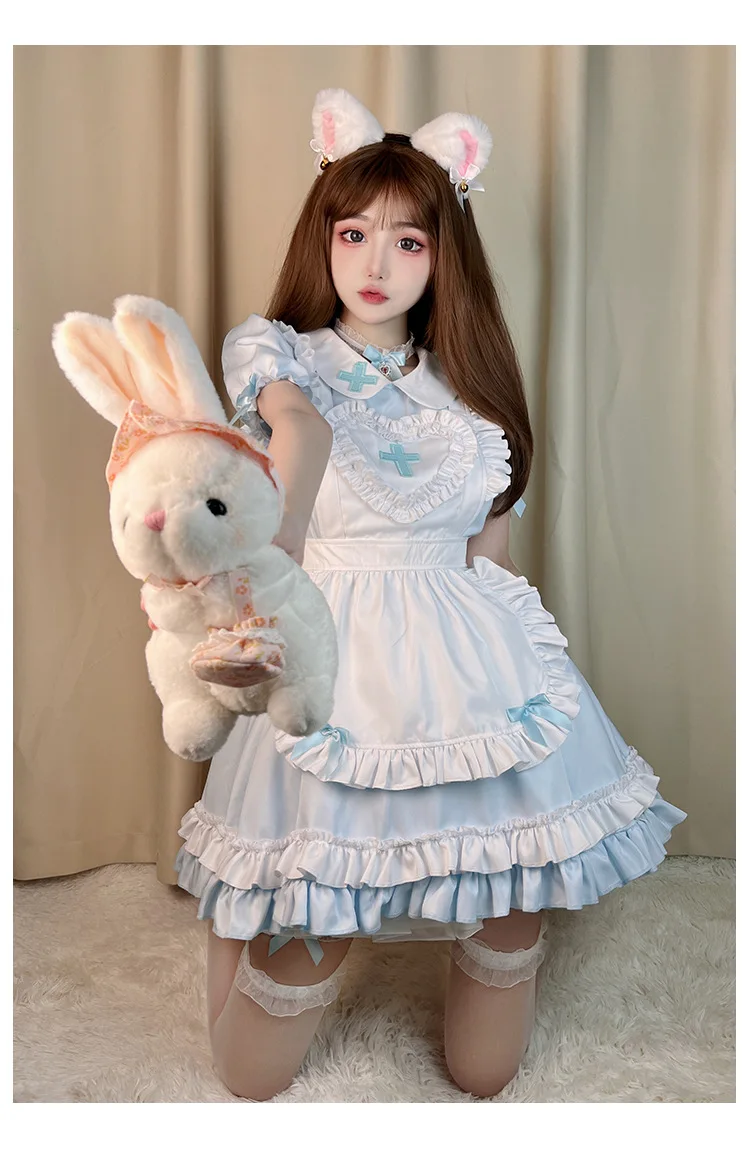 IOOTIANY Gothic Lolita Cosplay, japanisches Anime-Kostüm, cremefarbenes, herzförmiges, rosafarbenes Lolita-Kleid, Kostüm im Stil einer Dienstmädchenuniform, kurzärmelige Krankenschwesteruniform. – Detail 10