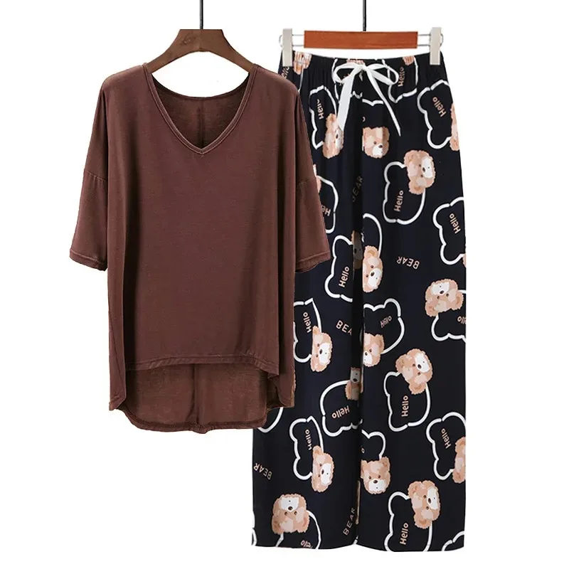 Plus Size Lady's Loungewear V Neck Modal Blend Short Sleeve Pajamas Sets Summer Abstract Print Pants Casual Homewear 2pcs